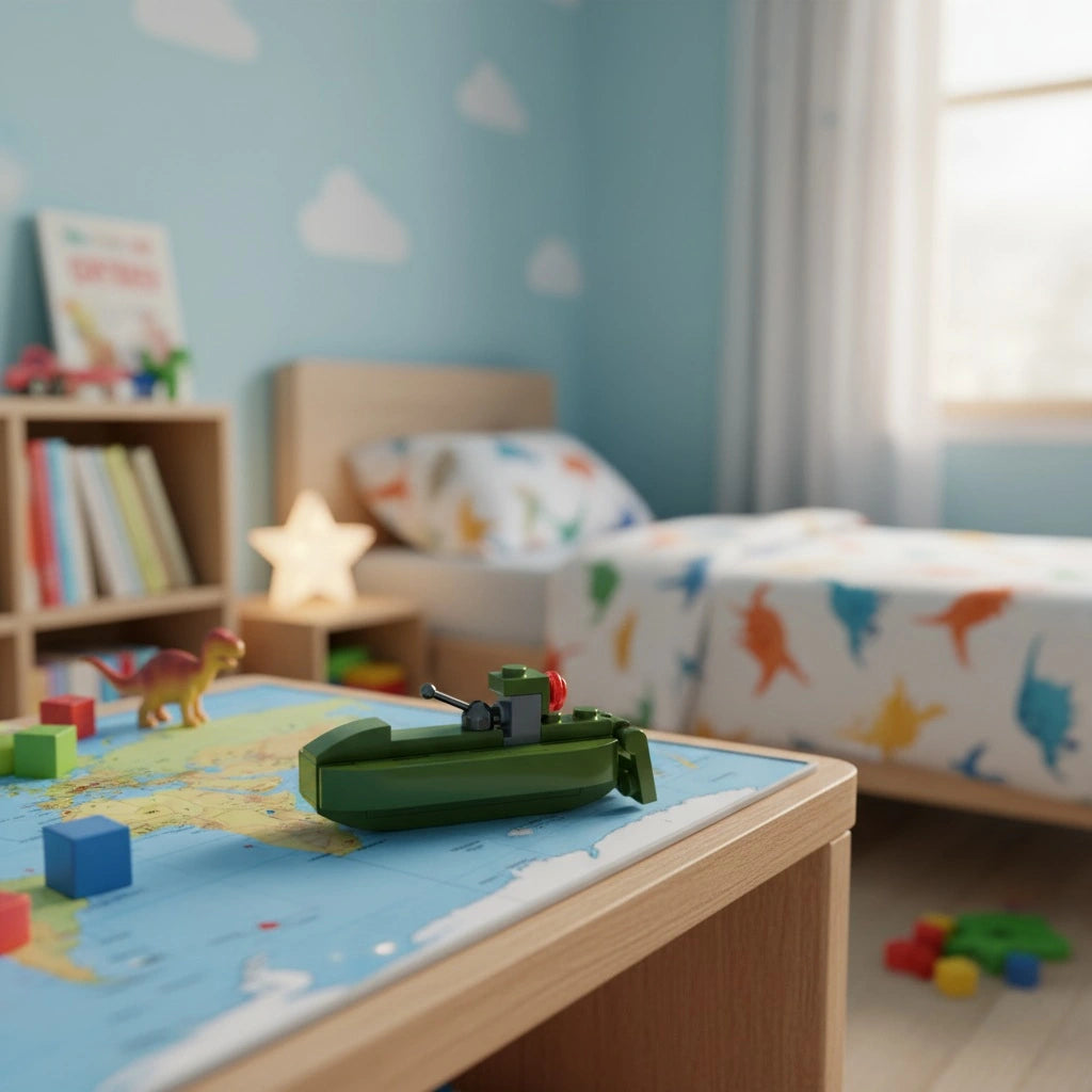 Submarine Building Block (1Pc) on the side table of the bedroom.