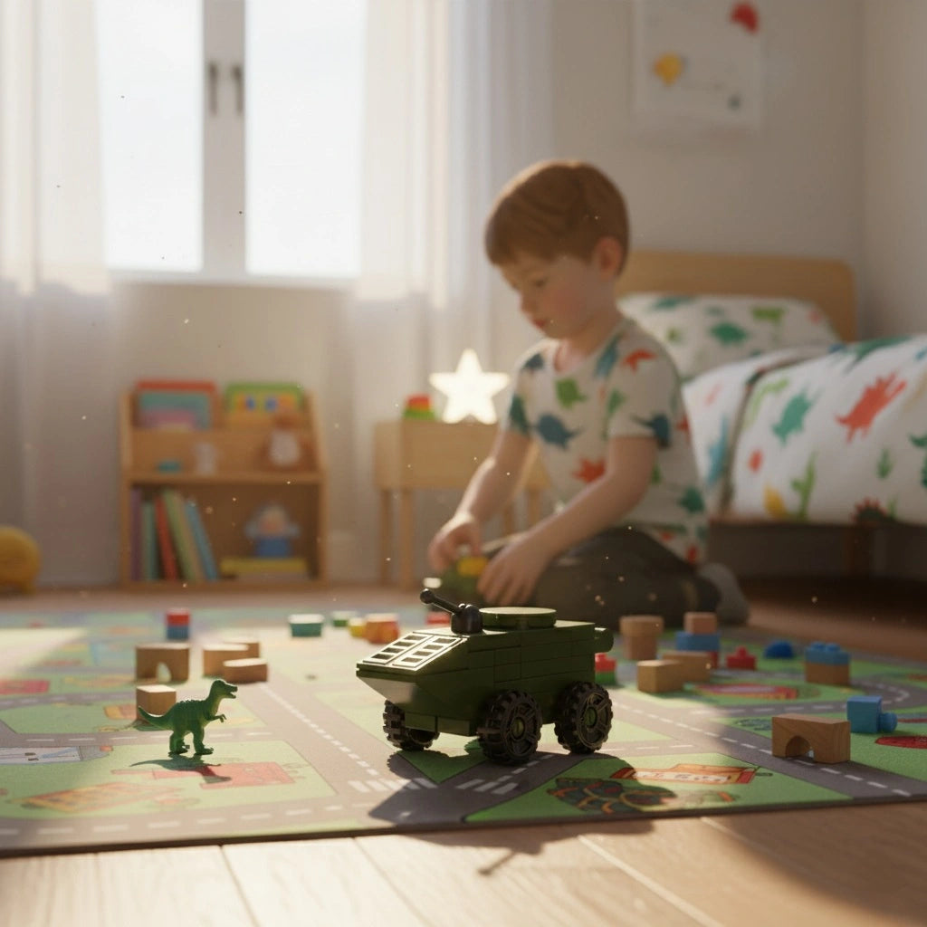 Light Tank Building Block (1Pc) on the room floor with child playing with his toys.