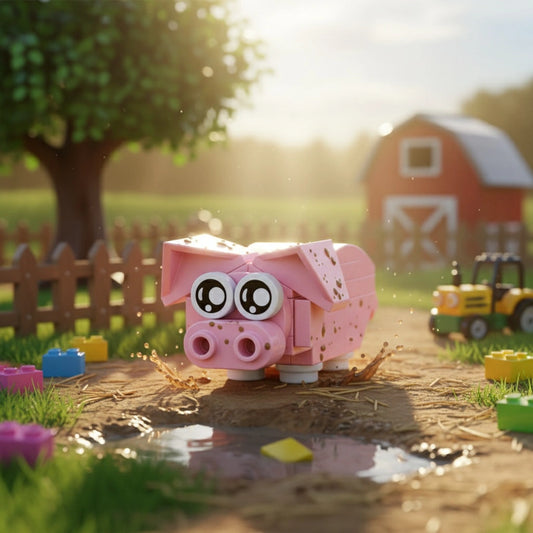 Toy Pig Building Block in a farm setting with a barn and tractor in the background