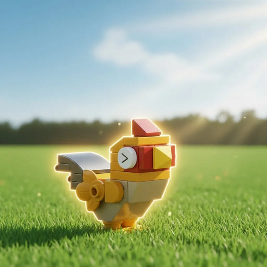 Toy figure of a Chicken Building Block with glowing effect on grass