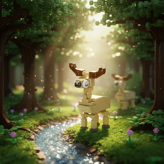 Elk Building Block standing in a forest with sunlight filtering through the trees.