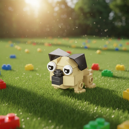 Pug Building Block with colorful blocks scattered around the playground.