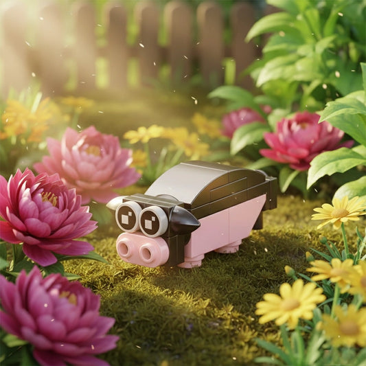 Little Fragrant Pig Building Block in a garden with flowers and grass