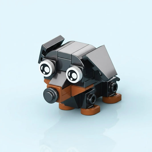 Toy figure made of interlocking bricks on a light blue background