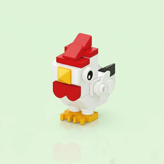 Toy Chick Building Block made of interlocking bricks shaped like a rooster on a light green background