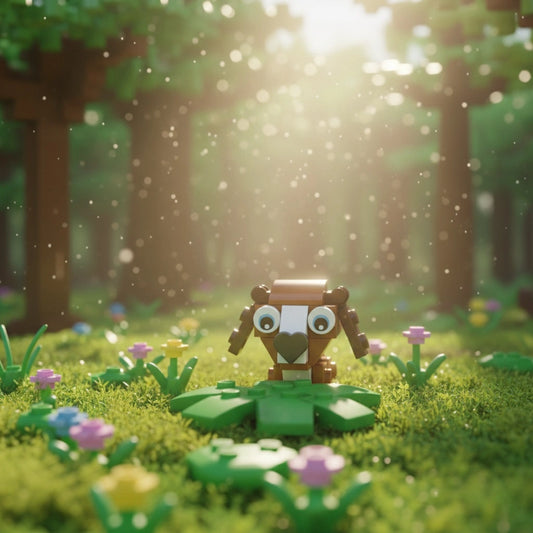 Beagle figure in a forest with sunlight filtering through the trees.