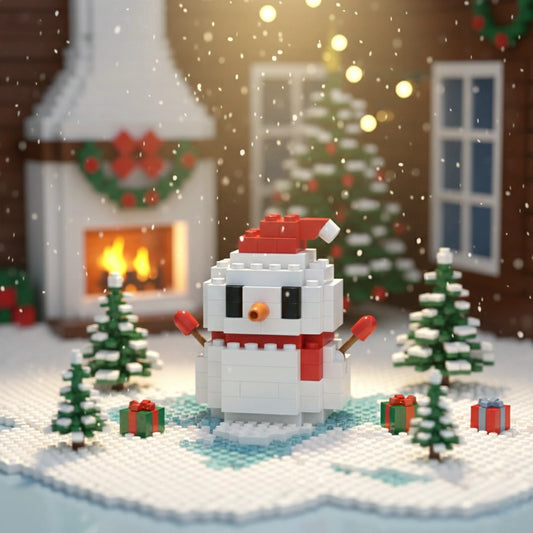 A Snowman Building Block standing along with Christmas trees and gifts