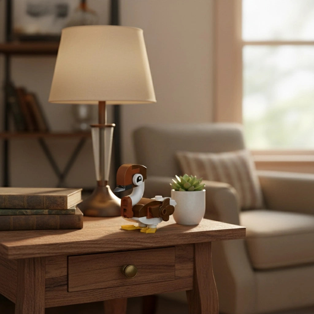 Wooden side table with lamp, books, and decorative items in a living room setting.