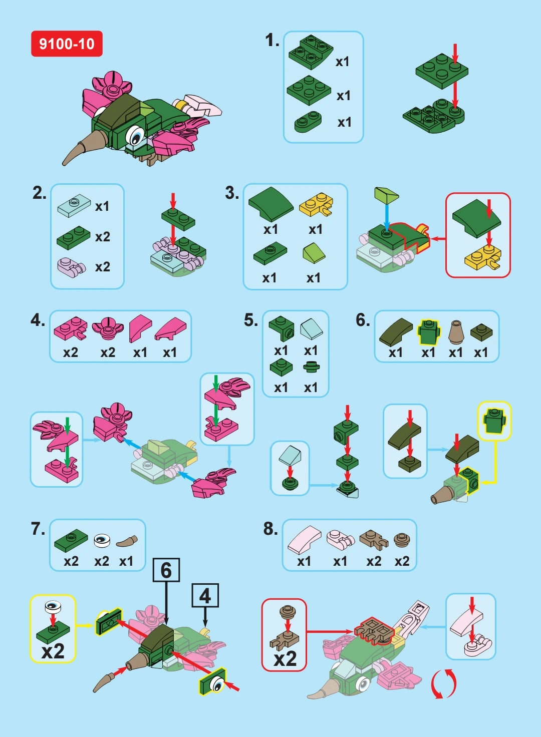 Step-by-step assembly instructions for a green and pink toy on a blue background
