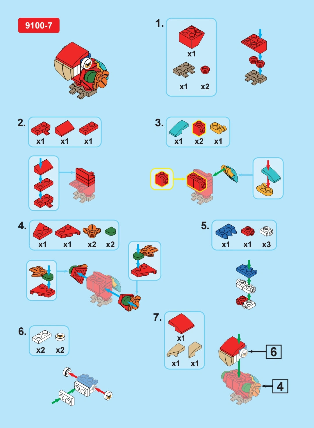Step-by-step assembly instructions for a toy building set on a blue background