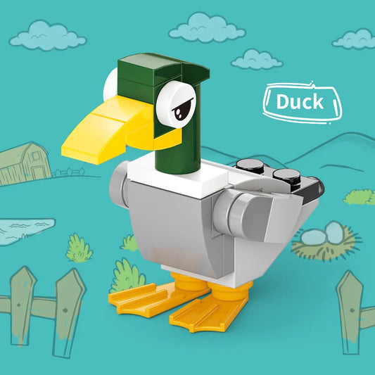 Toy duck figure on a blue background with farm elements