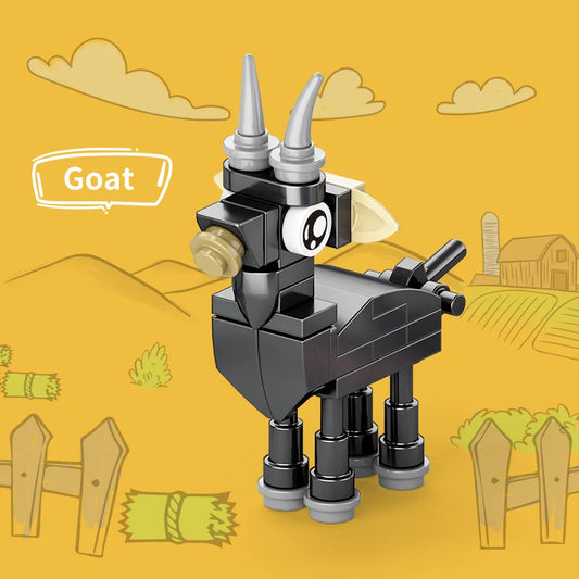 Toy goat made of interlocking bricks on a yellow background with farm illustrations