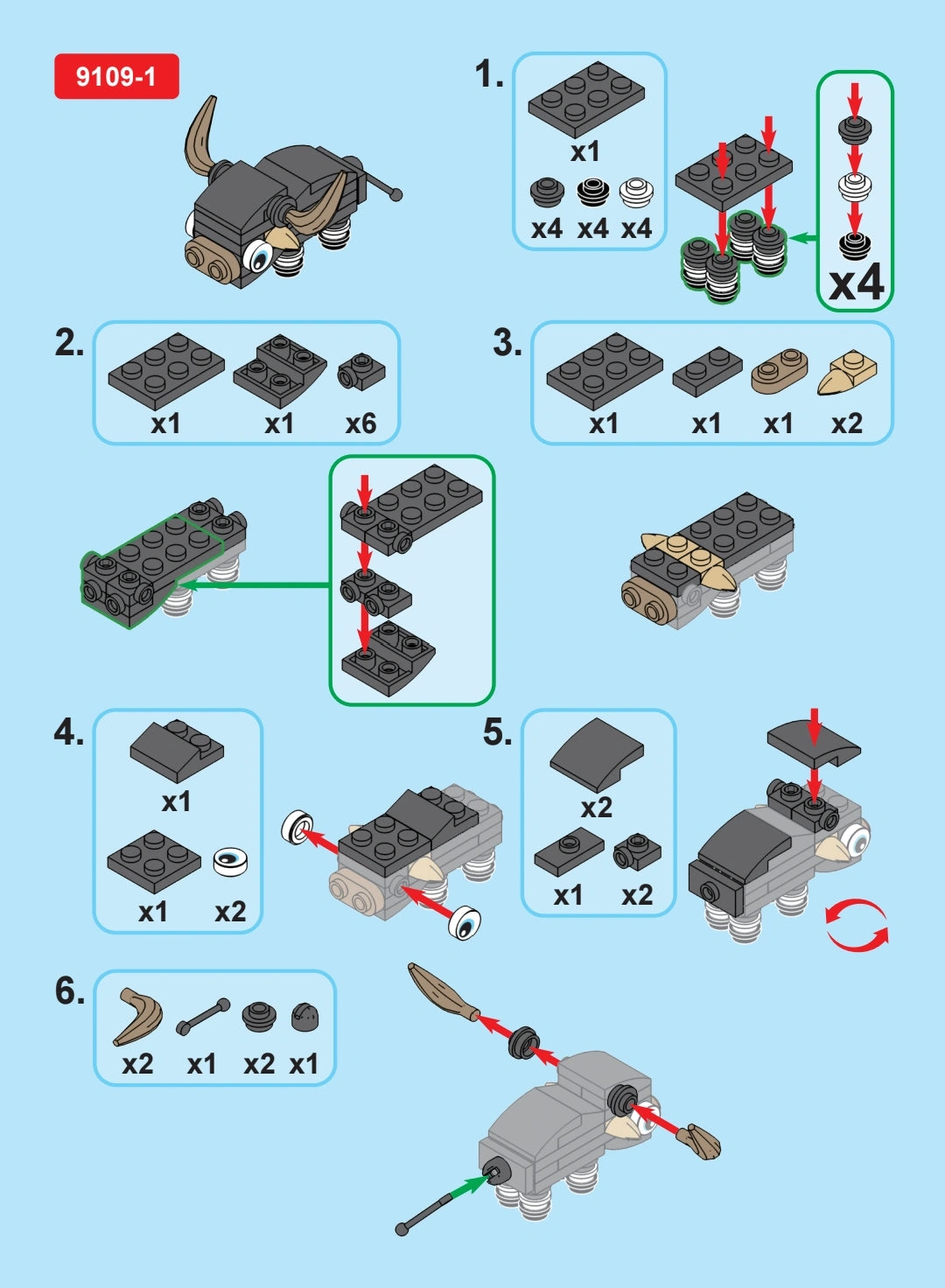 Step-by-step assembly instructions for a mechanical model using building blocks on a blue background.