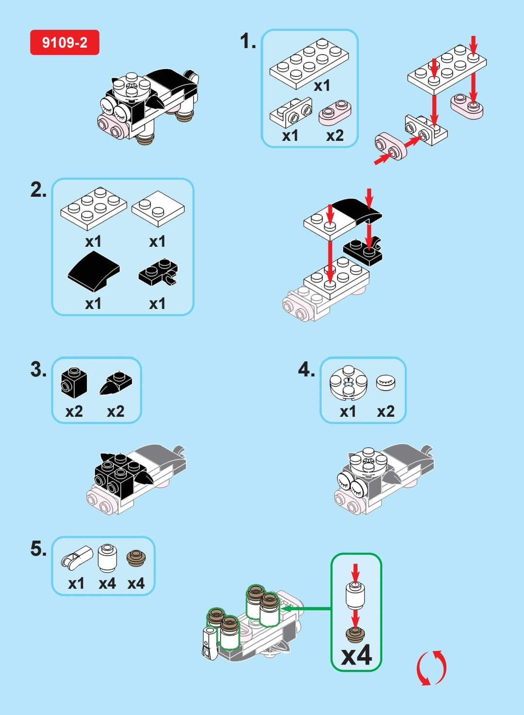 Step-by-step assembly instructions for a LEGO model on a blue background