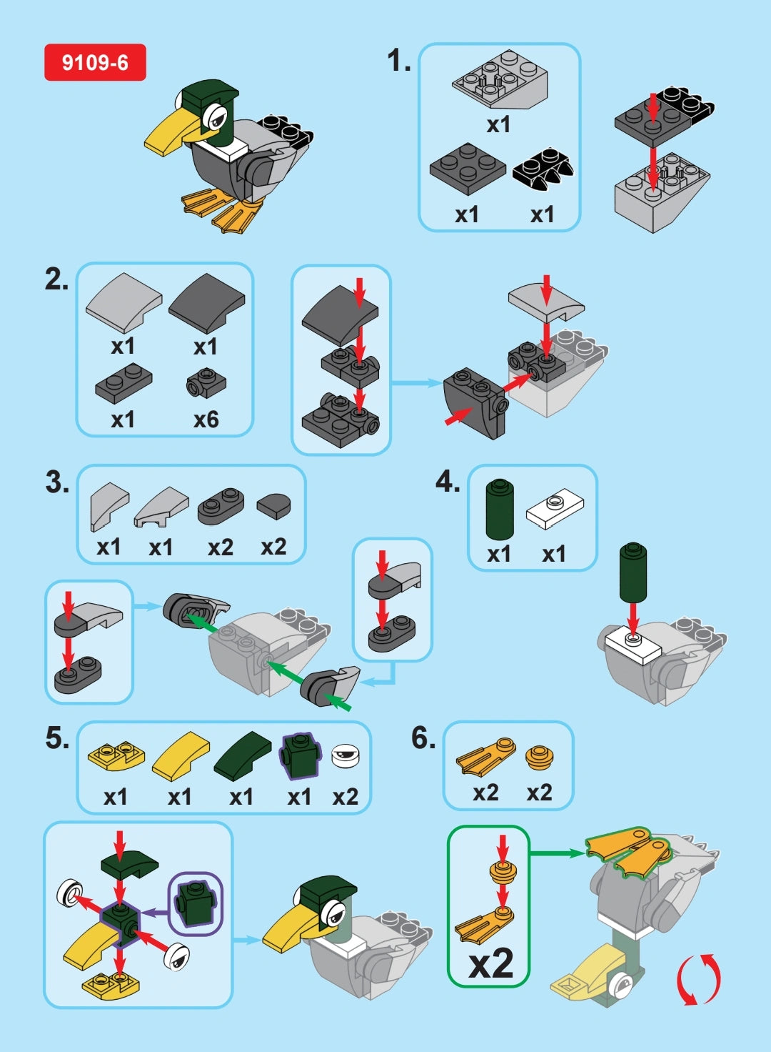 Step-by-step assembly instructions for a LEGO duck on a blue background