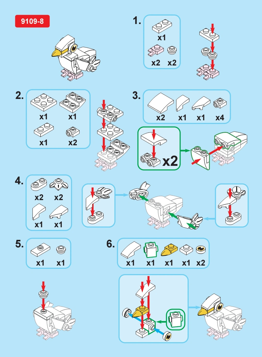 Step-by-step assembly instructions for a toy vehicle on a blue background