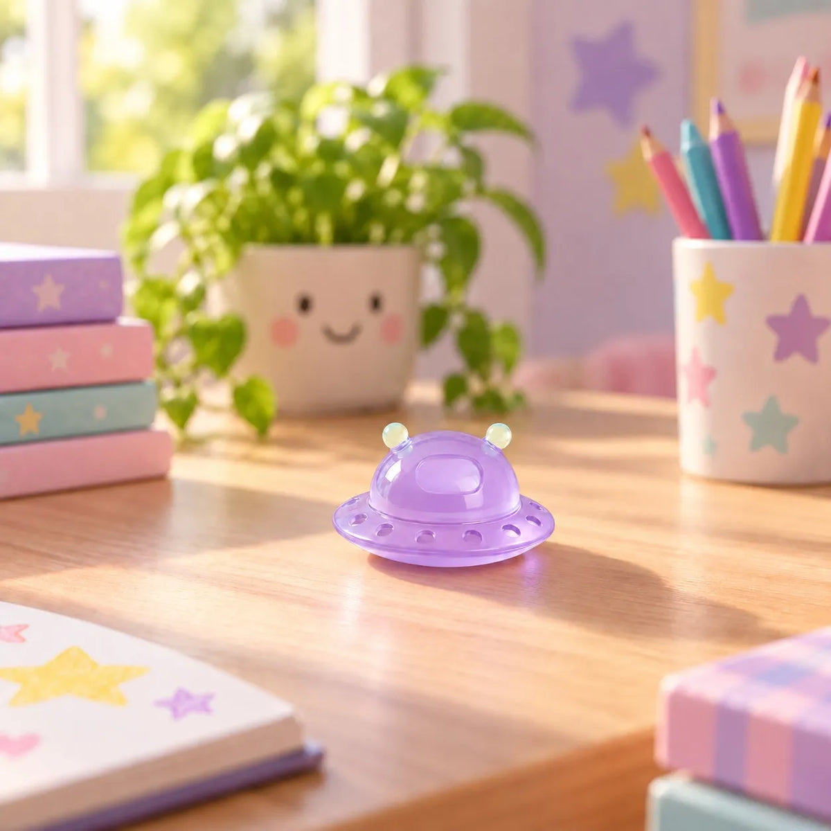 Miniature Glow Alien Saucer Assorted (1pc) displayed on a study table