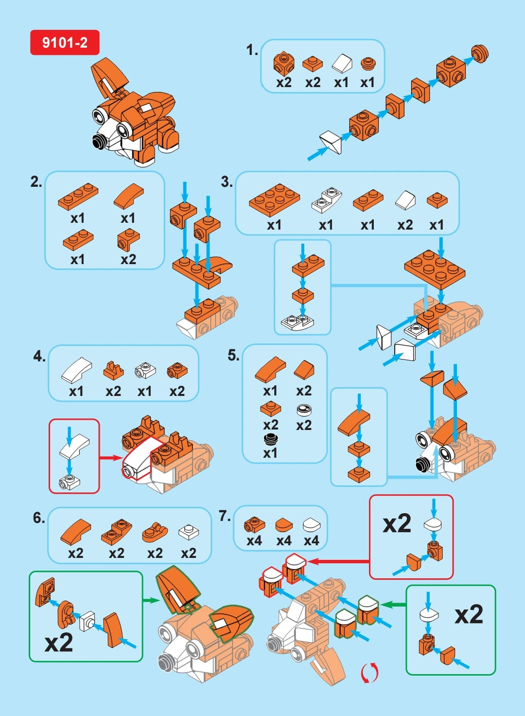 Step-by-step building instructions for a toy vehicle on a blue background