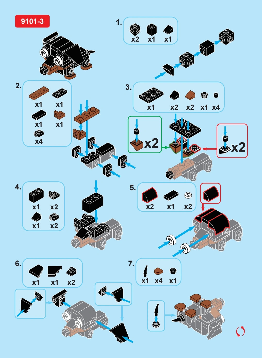 Step-by-step assembly diagram for a mechanical model using building blocks on a blue background.