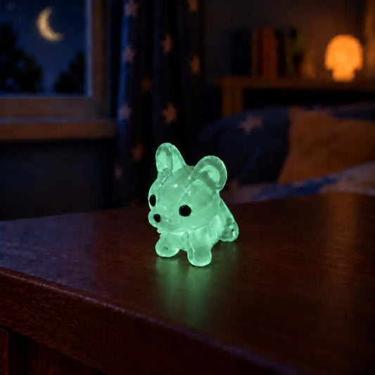 Miniature Glow Mini Dogs Assorted (1pc) glowing in a dark setting