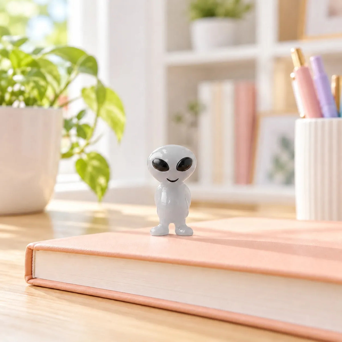 Miniature Glow in the Dark Elves (1pc) displayed on a book near a window with decorative items