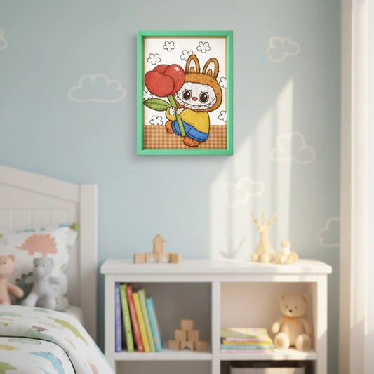 Labubu Rose Diamond Art Painting Kit (1Pc) on the bedroom's wall.