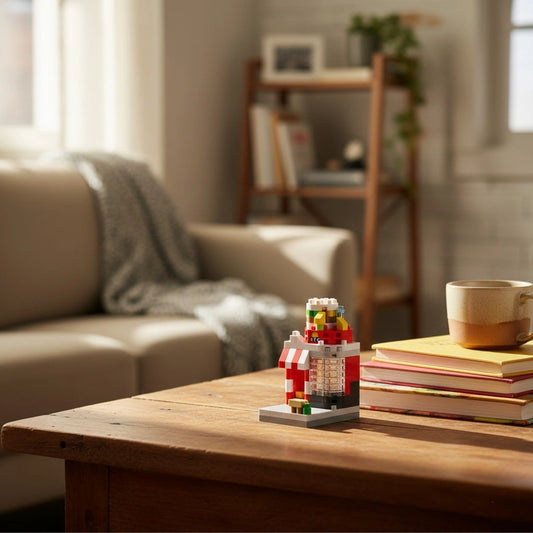 Urban Burger Corner Shop Building Block (1Pc) displayed on a wooden table in a cozy living room.