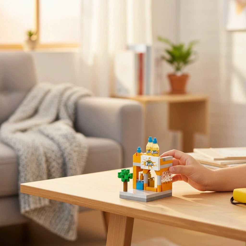Sunny Juice Bar Street Shop Building Block (1Pc) on a wooden table.