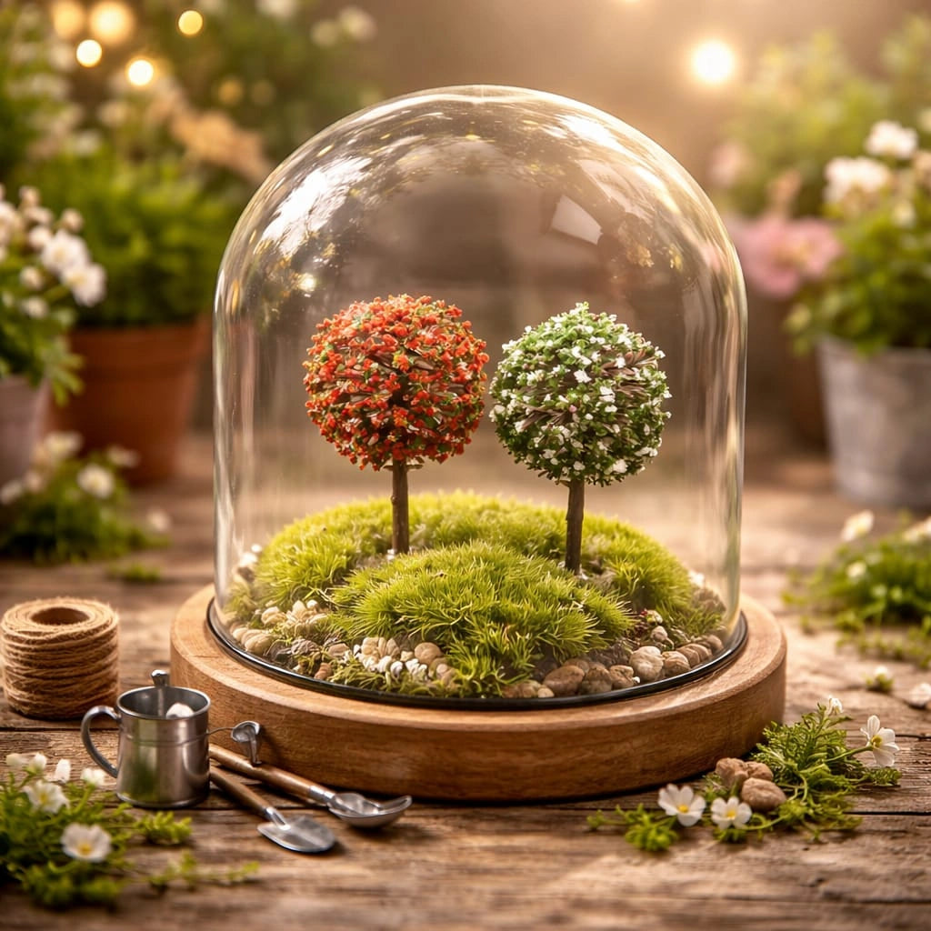 Two Miniature Trees Assorted inside the glass dome.