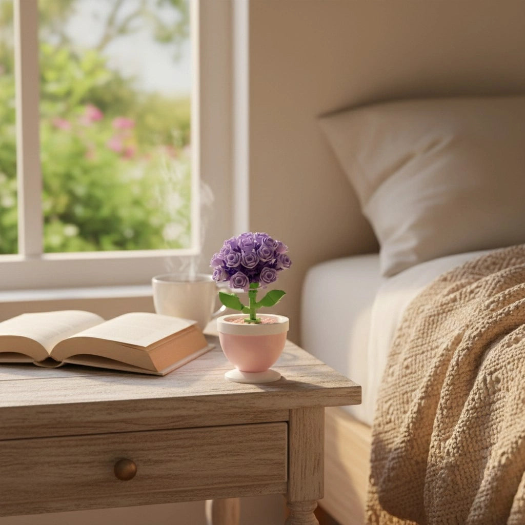 Lavender Rose Bouquet Pot Flower Building Block (1Pc) on the side of the bedside table.