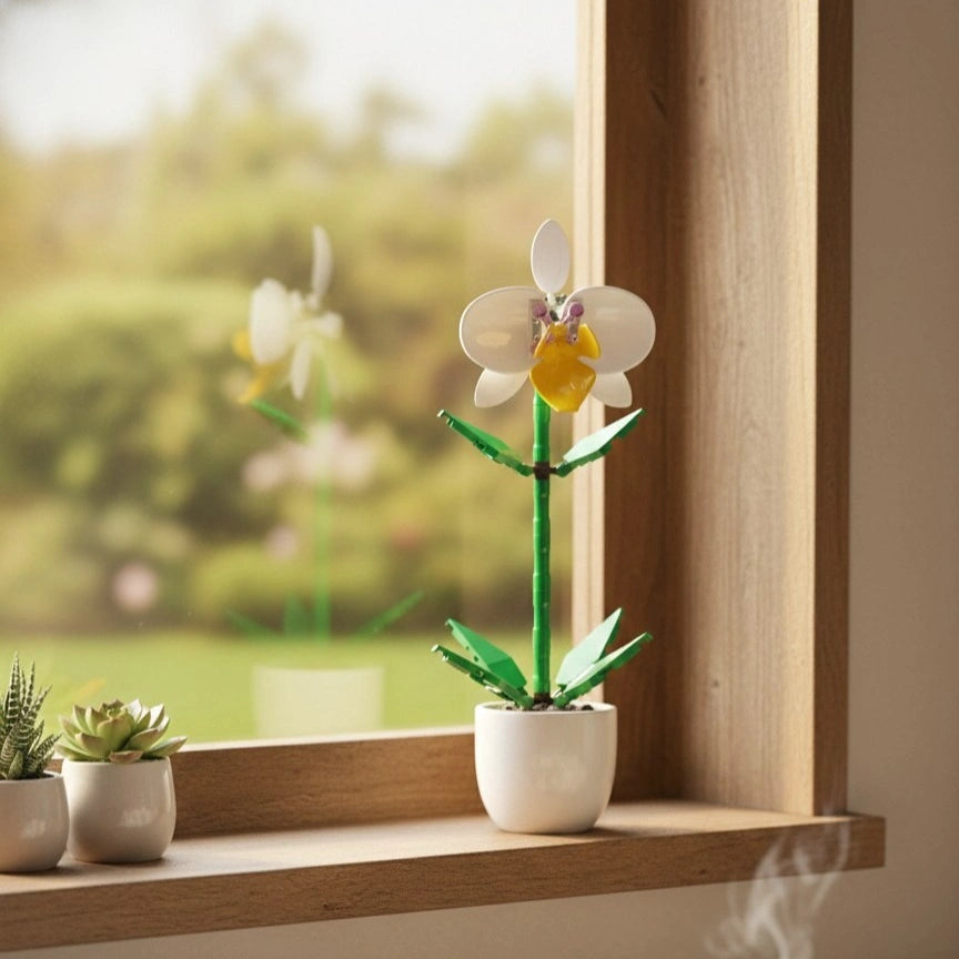 White Orchid Flower Building Block (1Pc) on the side of the window.
