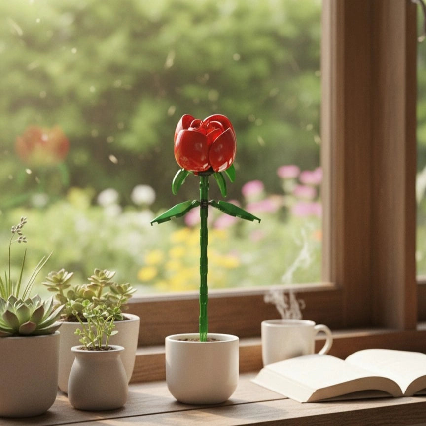 Eternal Red Rose Flower Building Block (1Pc) kept on the window side table.