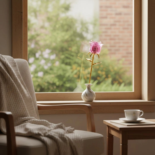 Crystal Pink Rose Flower Building Block (1Pc) on the edge of the window.