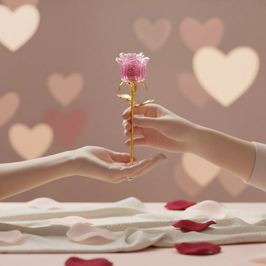 Display of Crystal Pink Rose Flower Building Block (1Pc) giving to another partner.