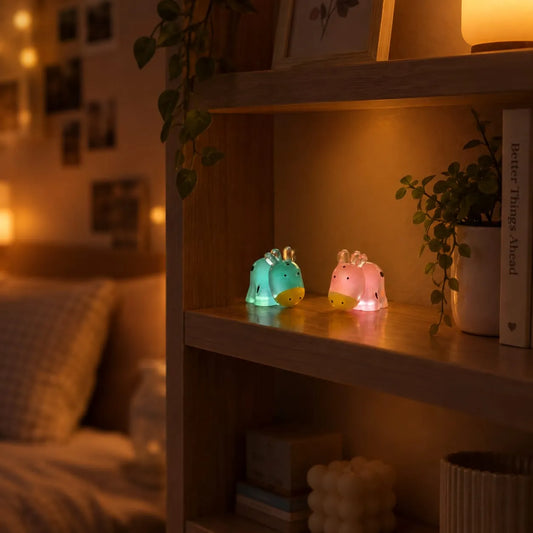 Miniature Glow Cow Assorted (1pc) glowing on a shelf in a dark setting