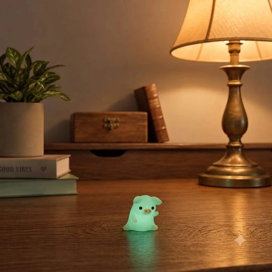 Miniature Glow Pink Yoga Pig Assorted (1pc) glowing on a table with a lamp