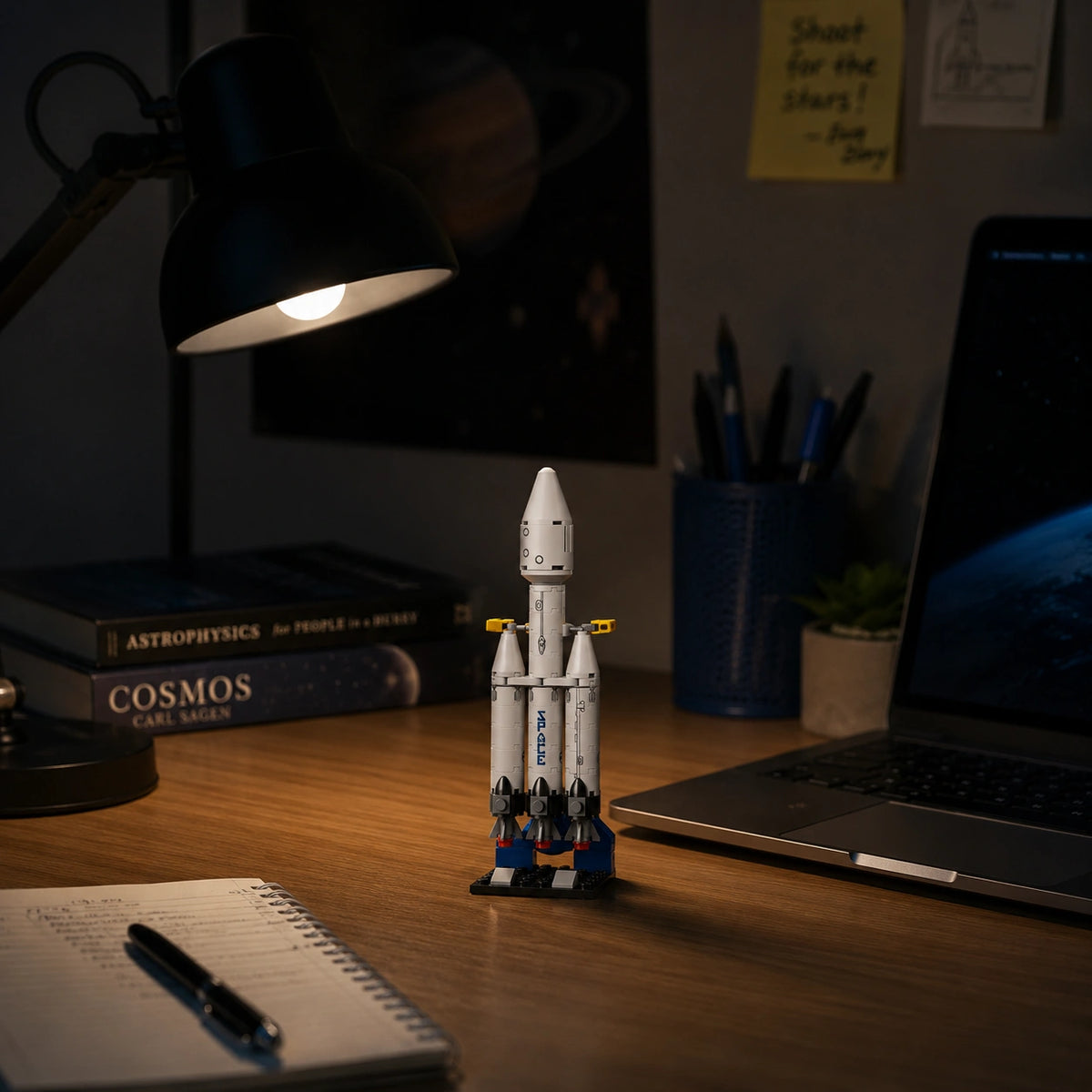 Space Shuttle Building Block (1Pc) displayed on a desk with a lamp