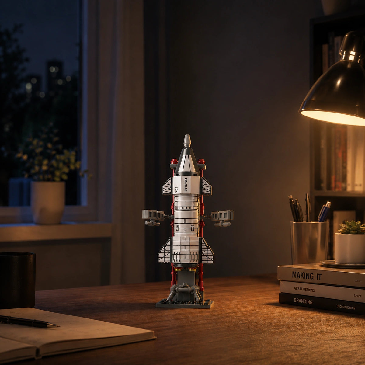 Star Mission Rocket Building Block (1Pc) displayed indoors on a desk