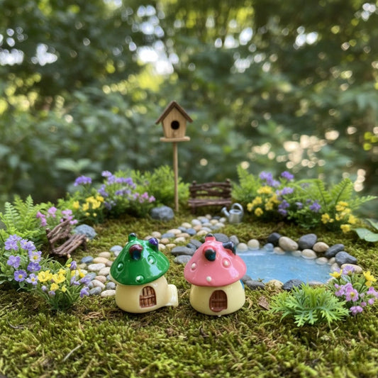Pair of Miniature Mushroom House Assorted on the forest.