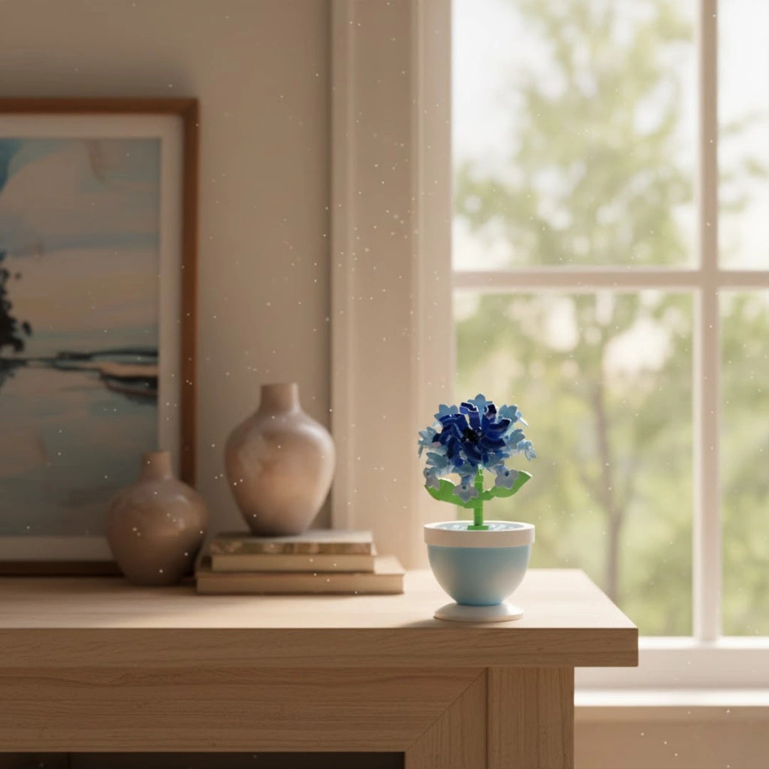 Ocean Blue Blossom Pot Flower Building Block (1Pc) on the side of the window table.