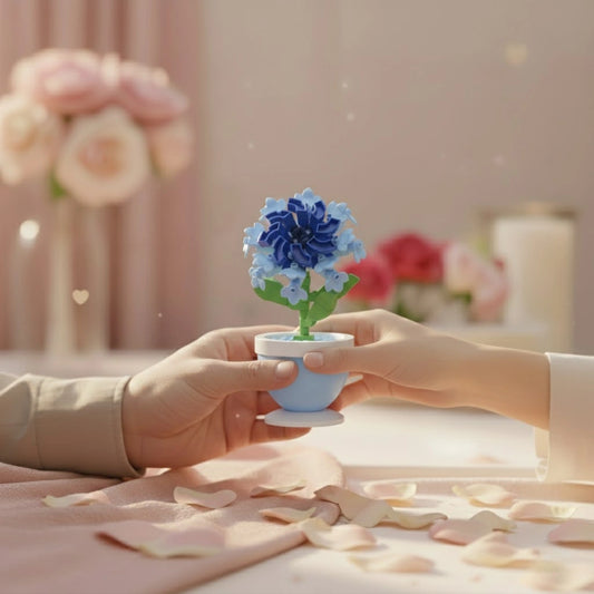 Giving and receiving of Ocean Blue Blossom Pot Flower Building Block (1Pc) figure shown in the display.