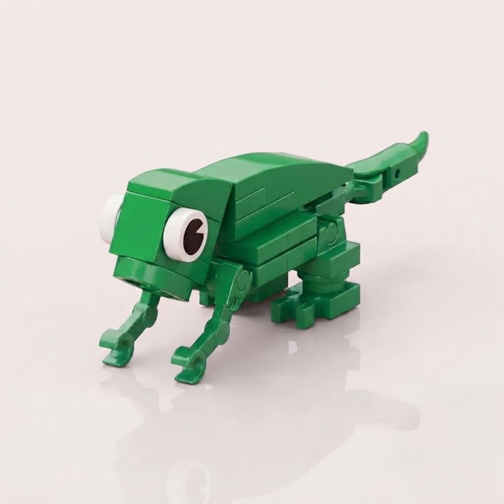 A green toy building-block creature with large white eyes and a long tail, photographed on a clean light background.