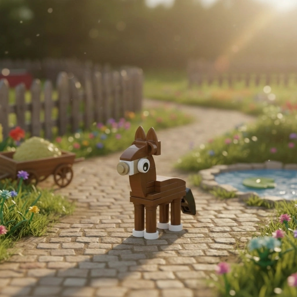 Donkey Building Block in a garden with flowers and a pond.