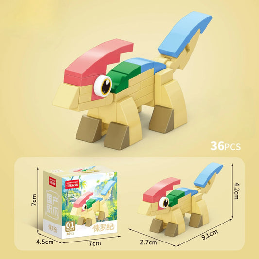 Packaging and dimensions of crested dino blocks.