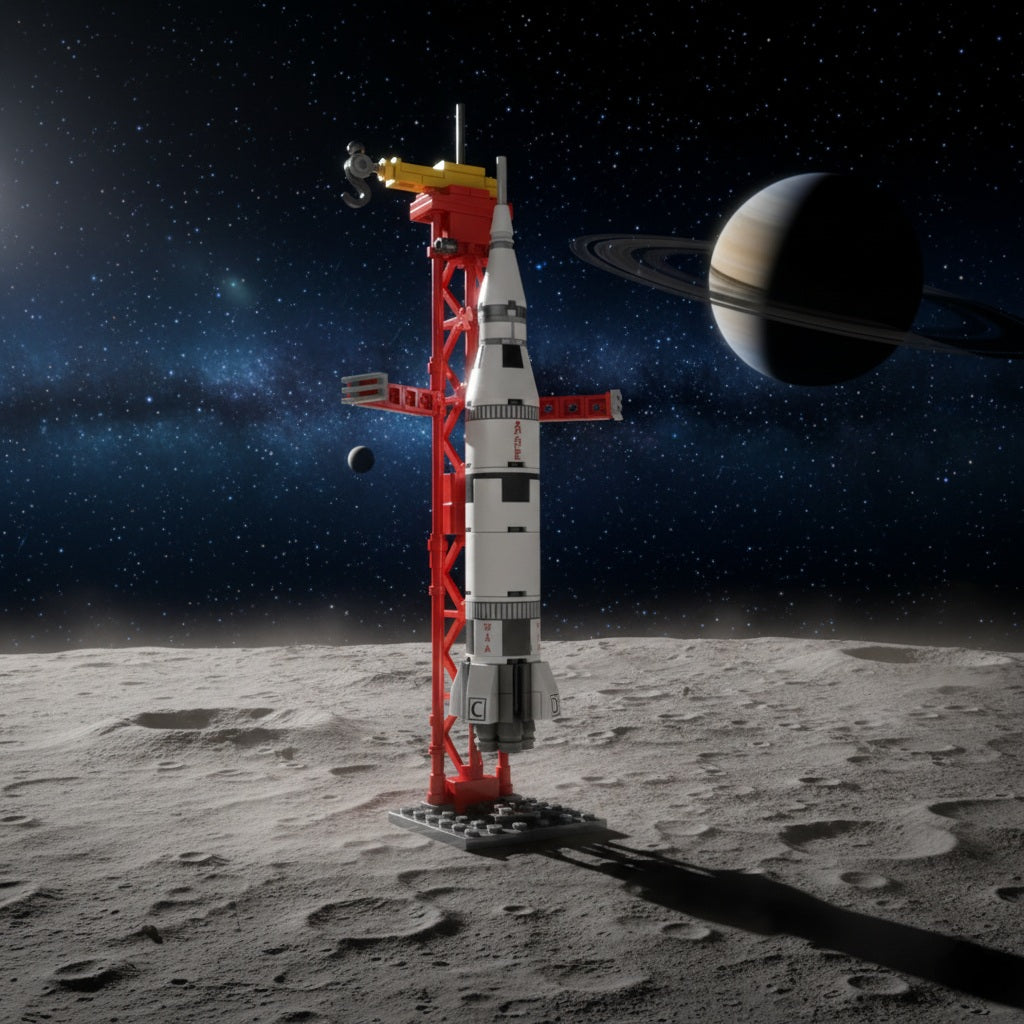 Apollo Space Rocket Building block (1Pc) with the space background.