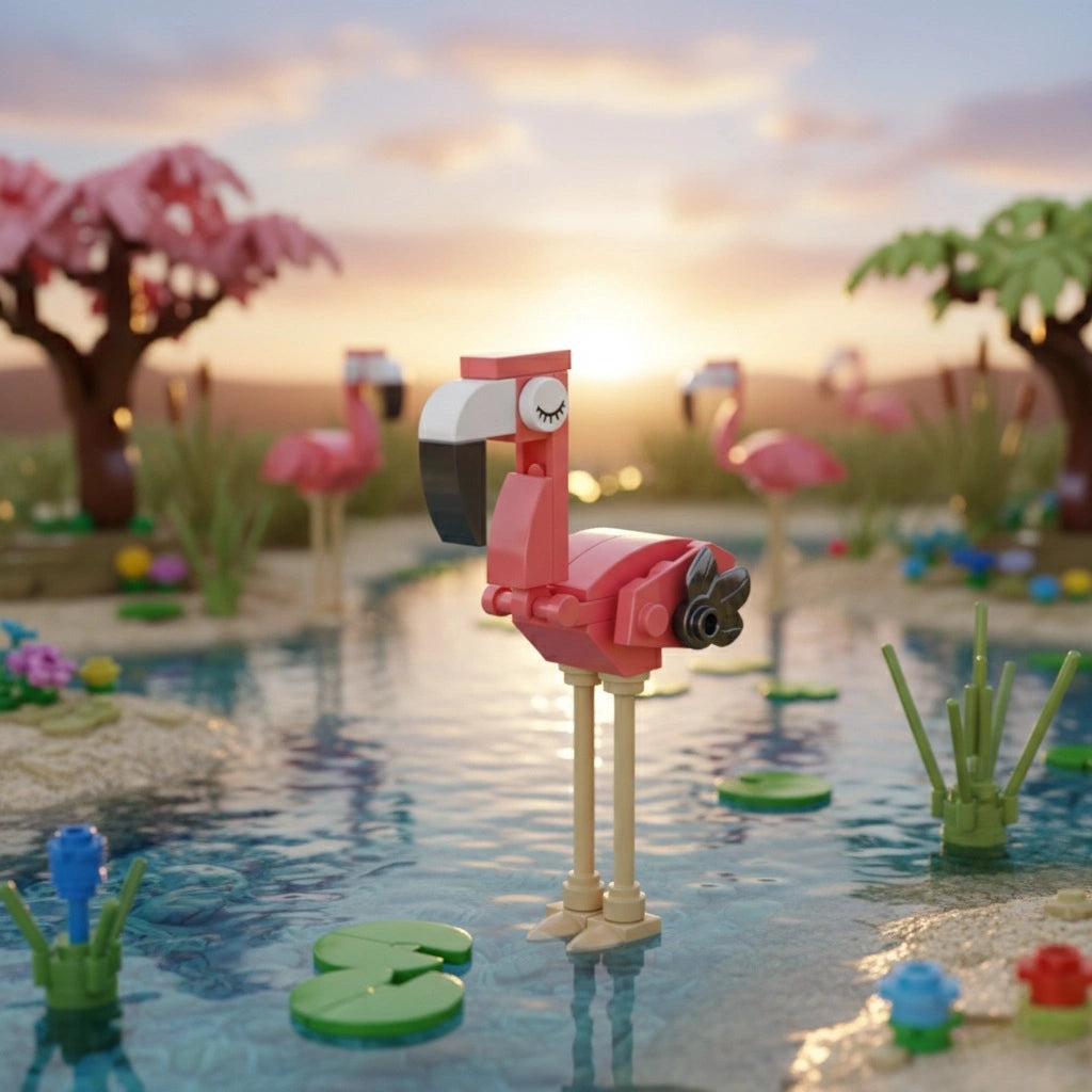 Flamingo Building Block (1Pc) with wild background displayed on the screen.