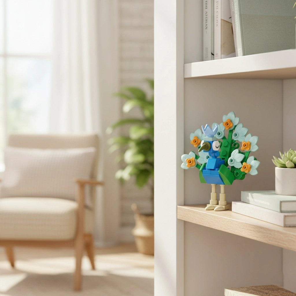 Peacock Building Block (1Pc) on the bookshelf as a decoration.