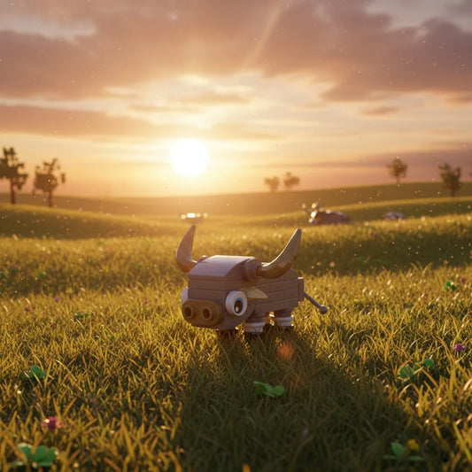 Bufallo Building Block (1Pc) figure in a grassy field with a sunset in the background
