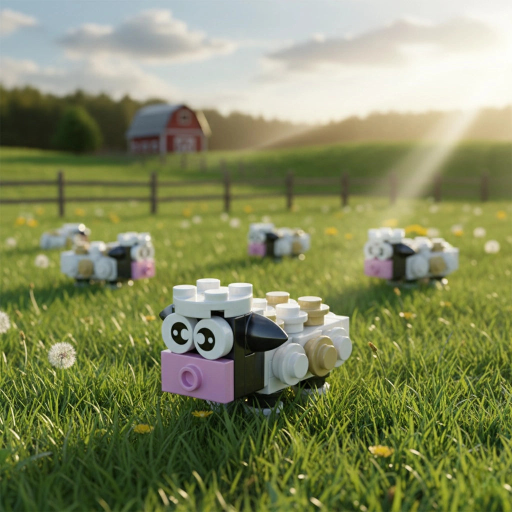 Toy cow figures on grass with a barn in the background