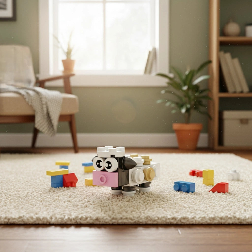 Sheep Building Block figure made of interlocking bricks on a carpeted floor with a cozy room background.